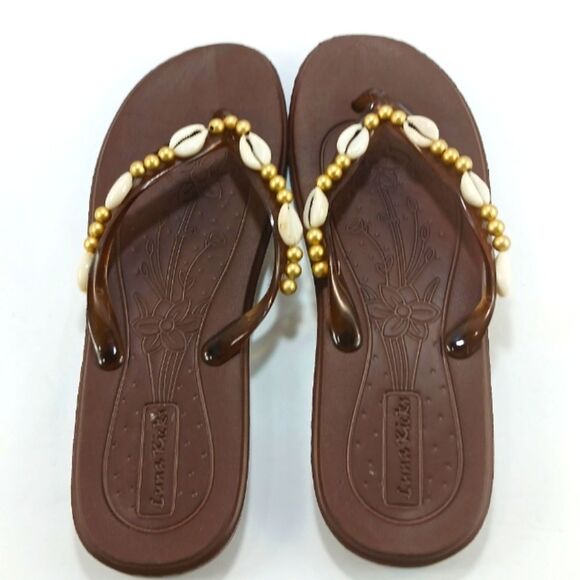 Luna Kicks Brown Boho Thong Sandals with Shell and Bead Accents Womans XL 11/12 - Picture 6 of 8